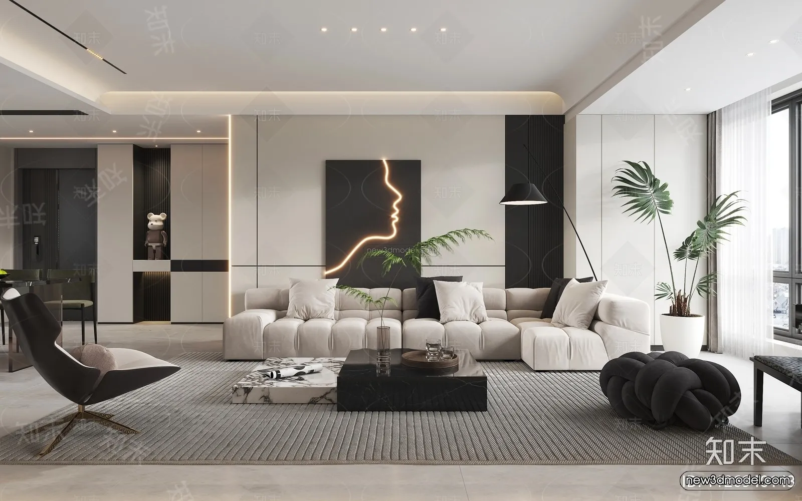 Black – White – Gray Colors Interior 3D Blocks – Living Room 3D Scene – 001 – VRAY