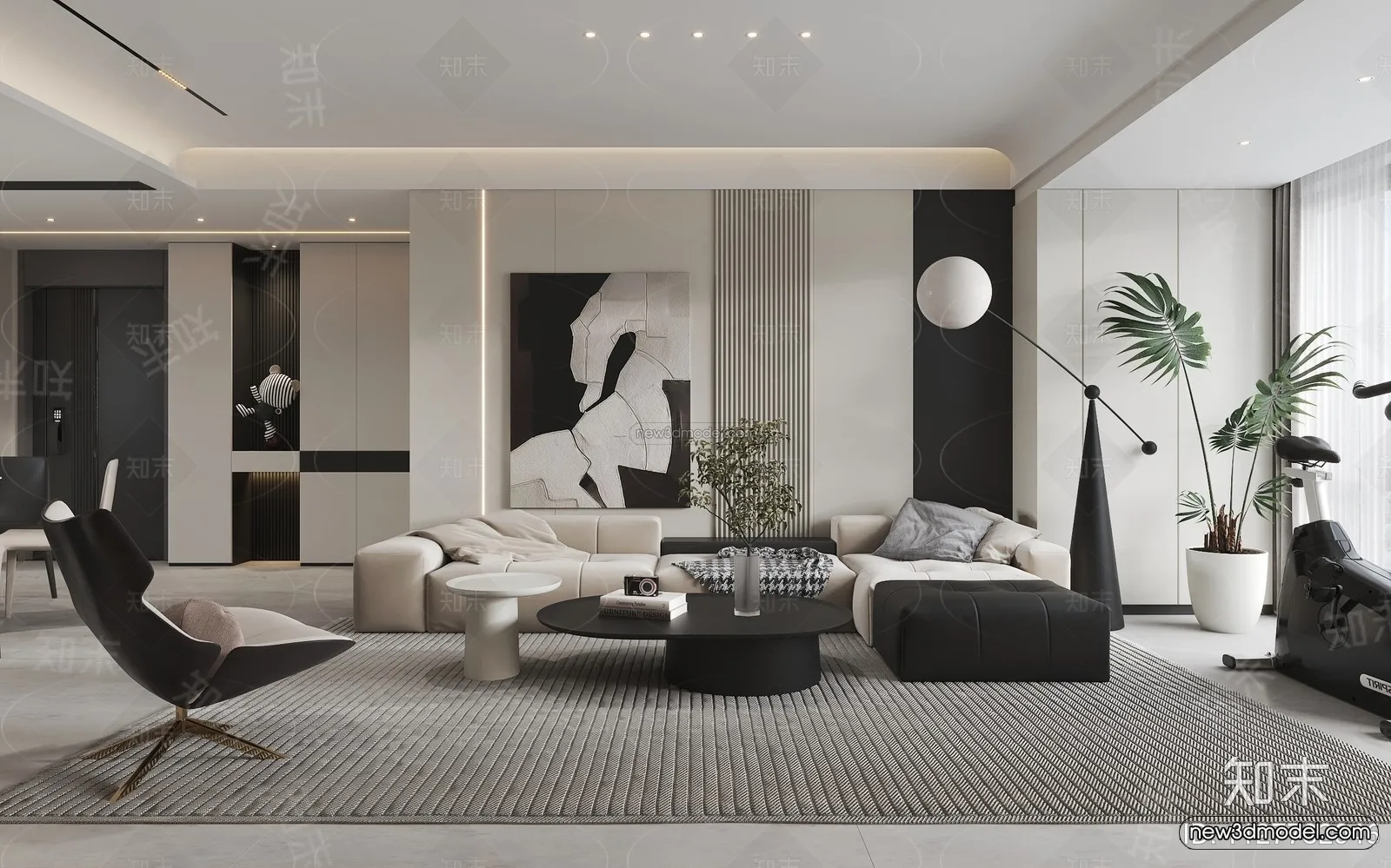 Black – White – Gray Colors Interior 3D Blocks – Living Room 3D Scene – 004 – VRAY