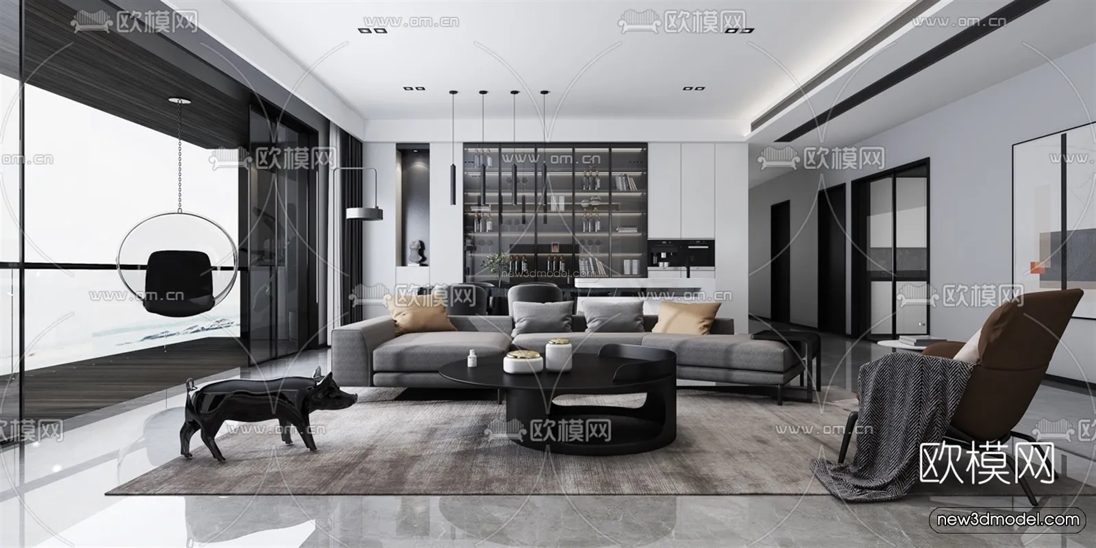 Black – White – Gray Colors Interior 3D Blocks – Living Room 3D Scene – 007 – VRAY