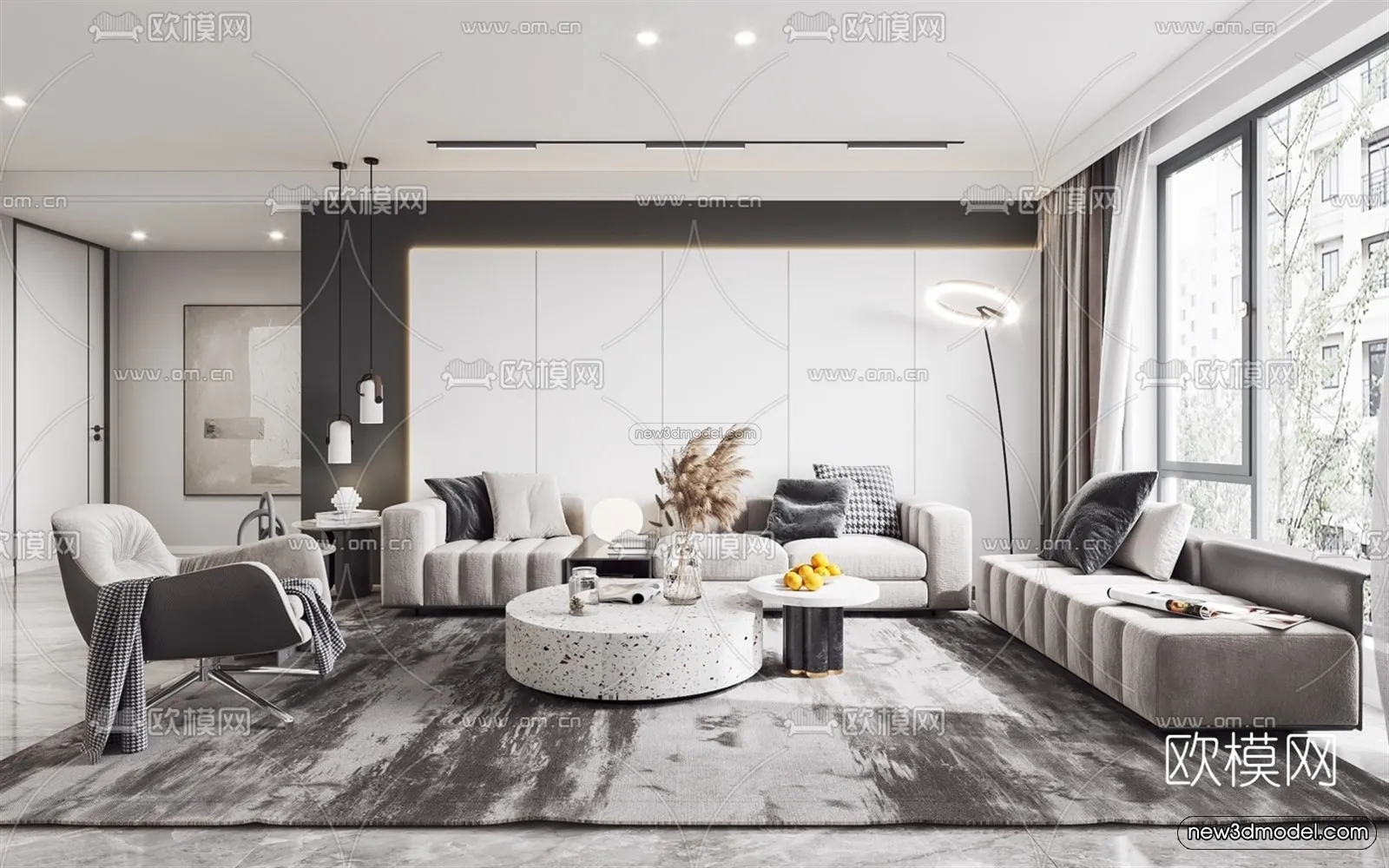 Black – White – Gray Colors Interior 3D Blocks – Living Room 3D Scene – 009 – VRAY