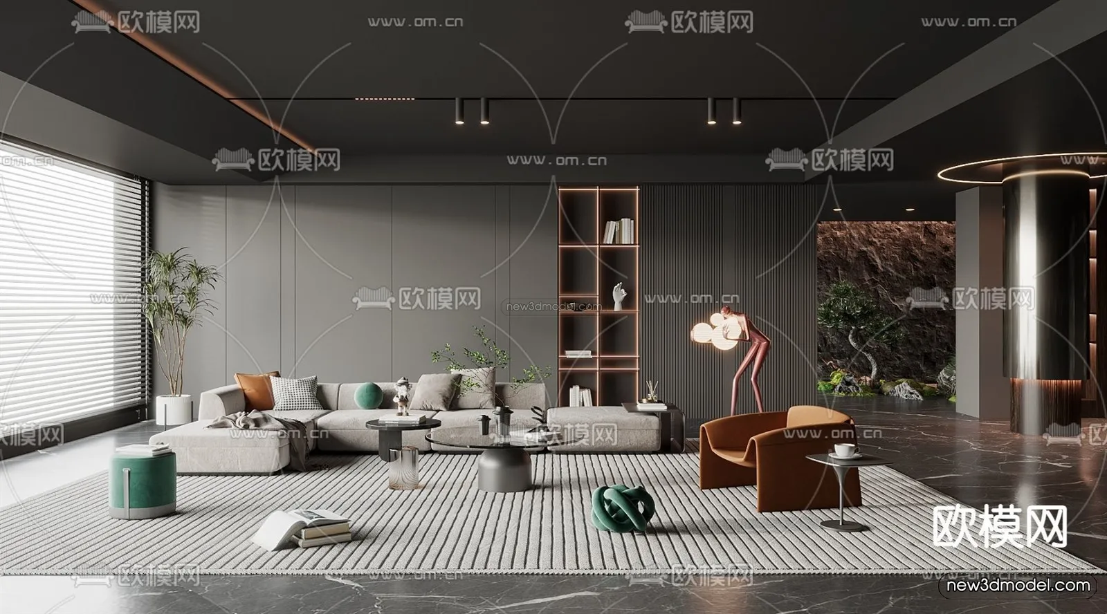 Black – White – Gray Colors Interior 3D Blocks – Living Room 3D Scene – 012 – VRAY