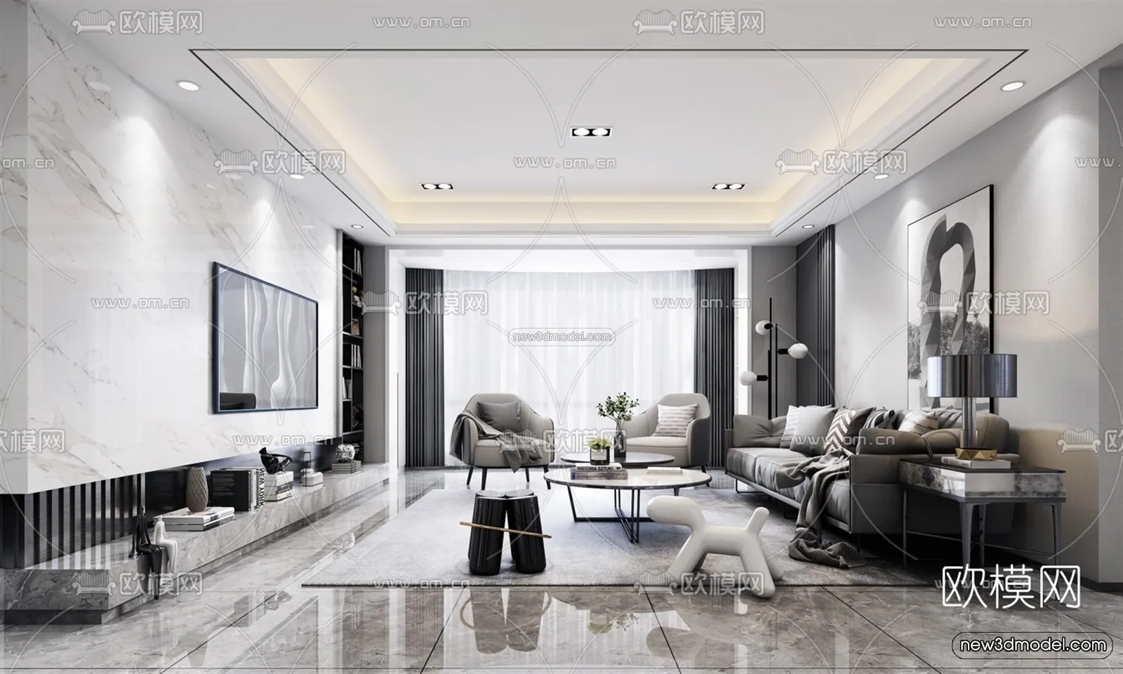 Black – White – Gray Colors Interior 3D Blocks – Living Room 3D Scene – 015 – VRAY