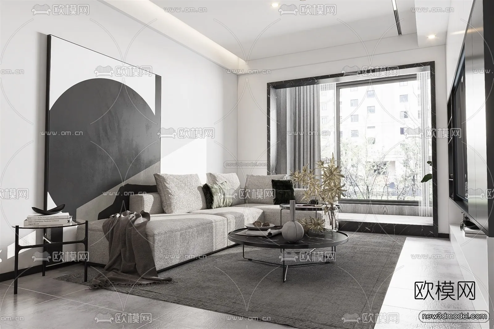 Black – White – Gray Colors Interior 3D Blocks – Living Room 3D Scene – 023 – VRAY