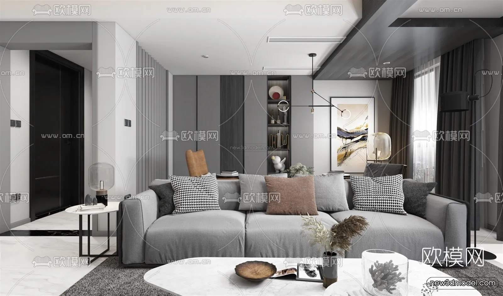 Black – White – Gray Colors Interior 3D Blocks – Living Room 3D Scene – 034 – VRAY