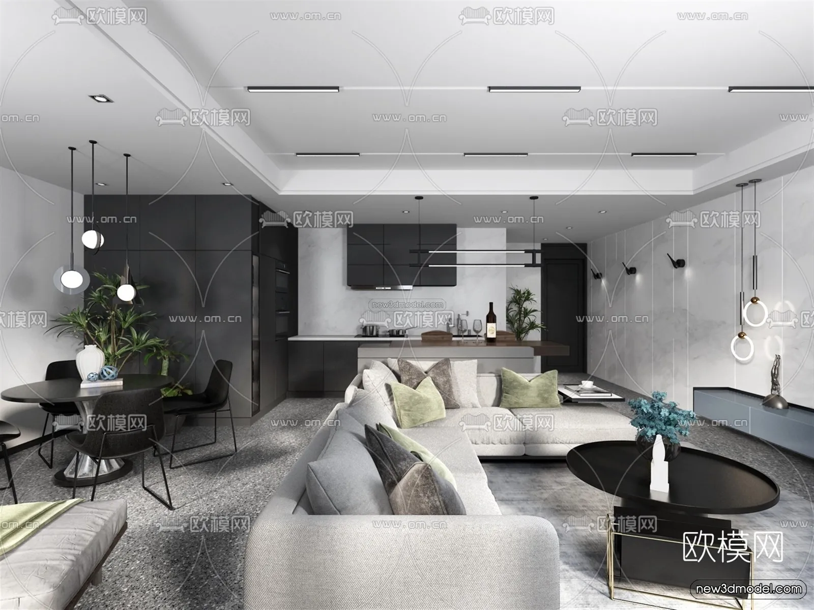 Black – White – Gray Colors Interior 3D Blocks – Living Room 3D Scene – 036 – VRAY