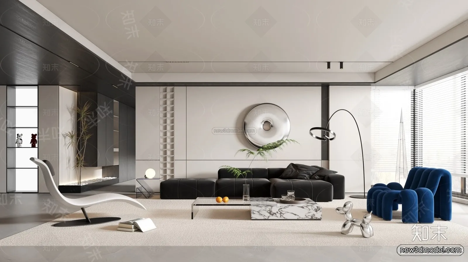 Black – White – Gray Colors Interior 3D Blocks – Living Room 3D Scene – 044 – VRAY