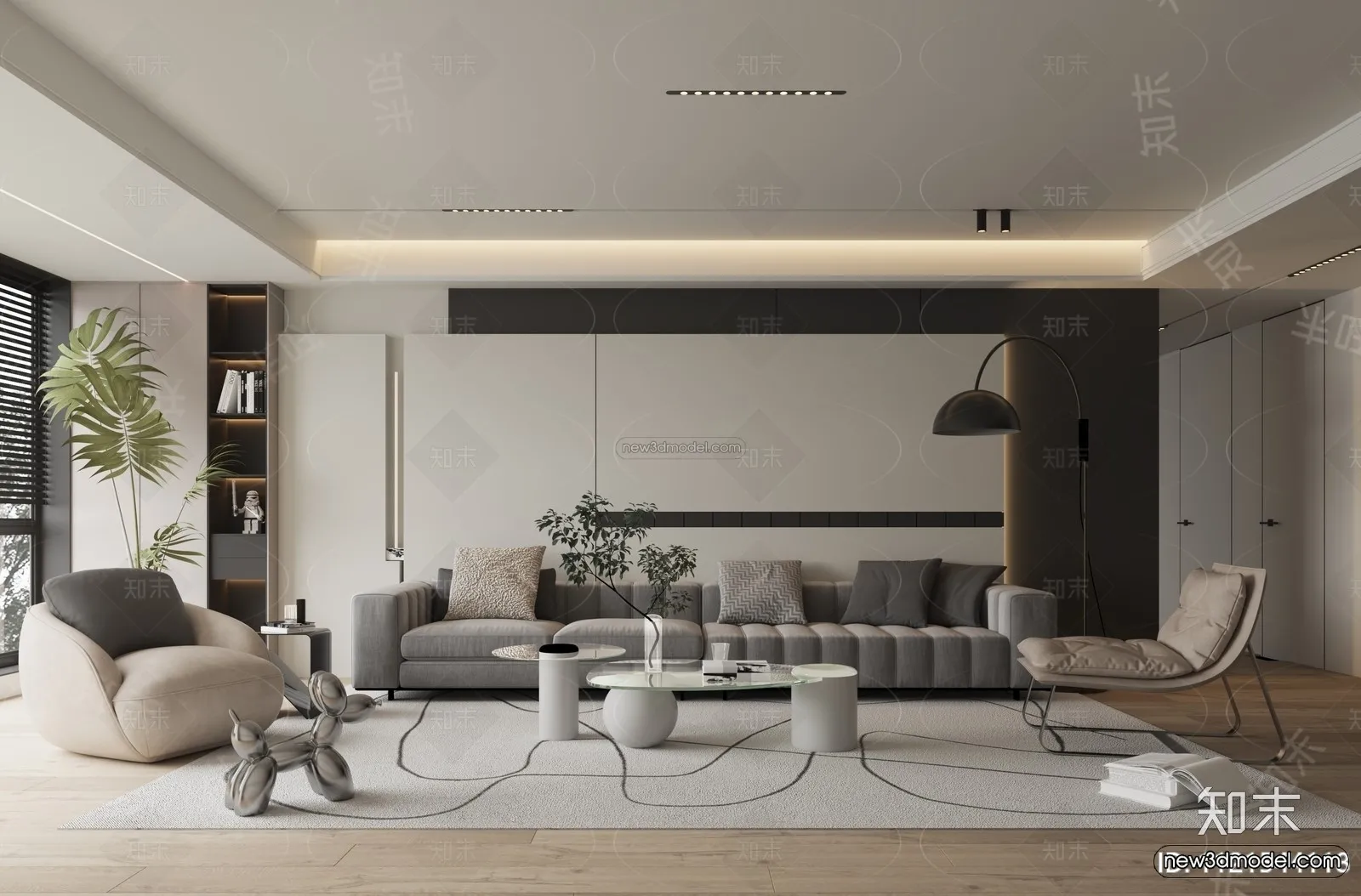 Black – White – Gray Colors Interior 3D Blocks – Living Room 3D Scene – 046 – VRAY