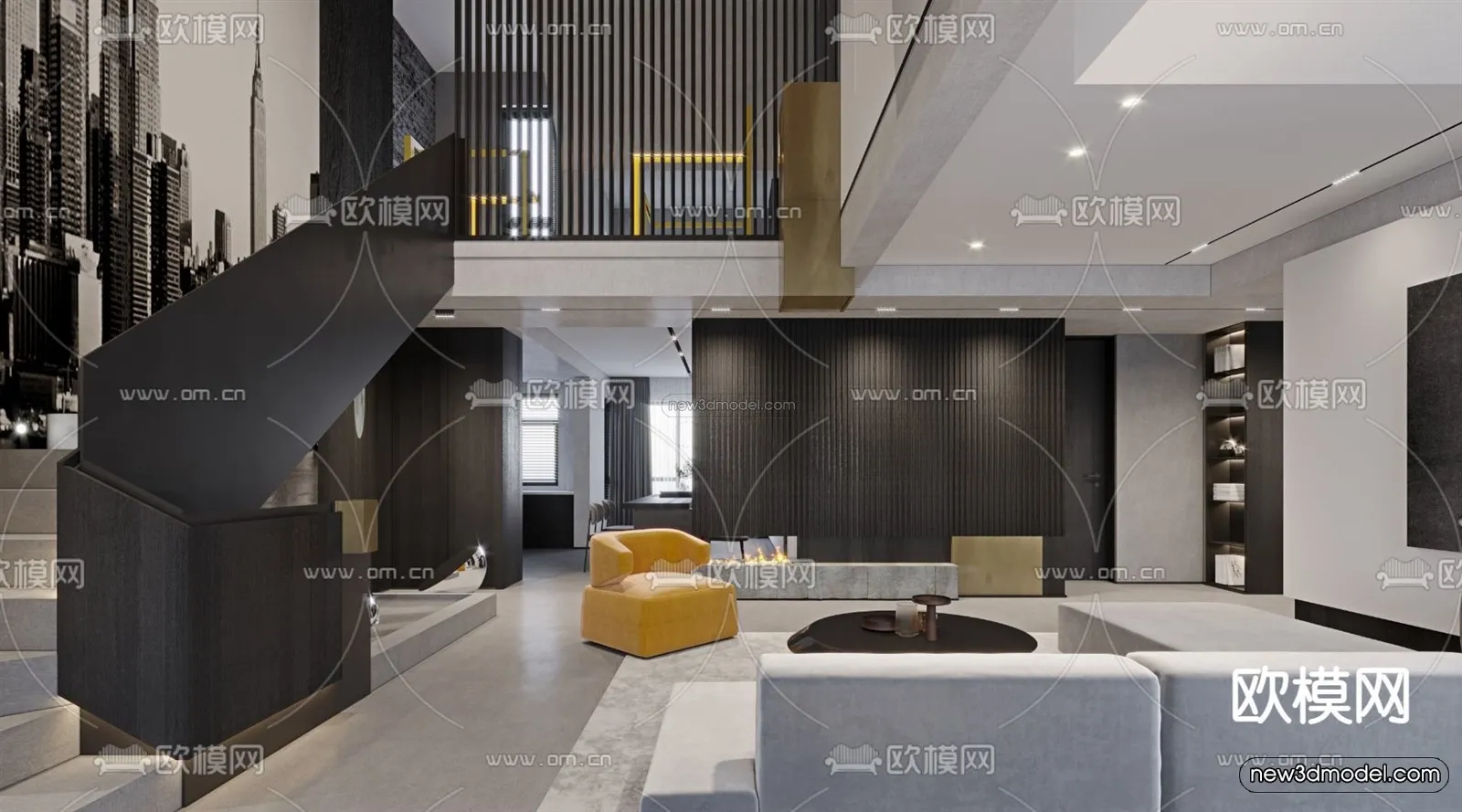 Black – White – Gray Colors Interior 3D Blocks – Living Room 3D Scene – 119 – VRAY