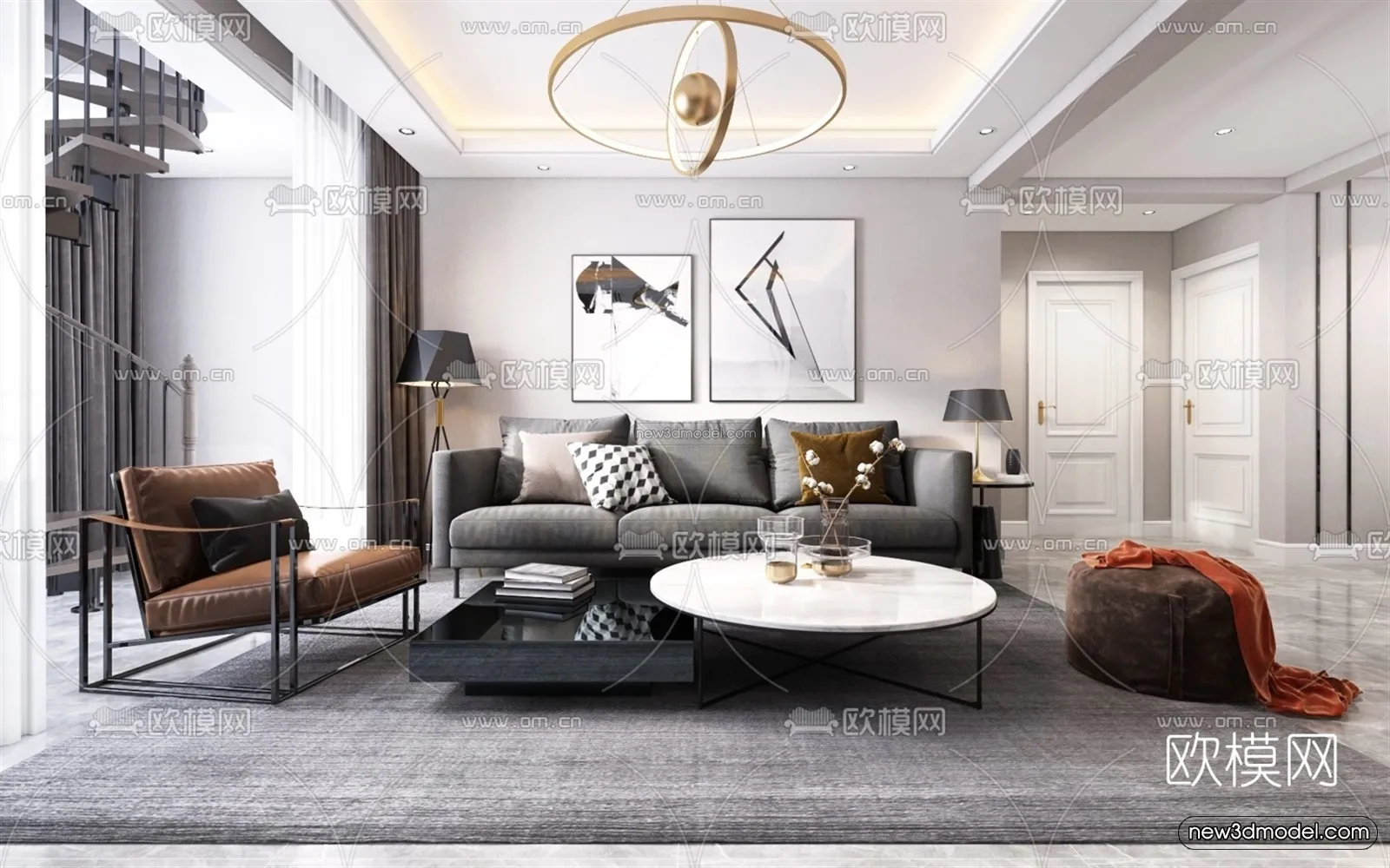 Black – White – Gray Colors Interior 3D Blocks – Living Room 3D Scene – 121 – VRAY