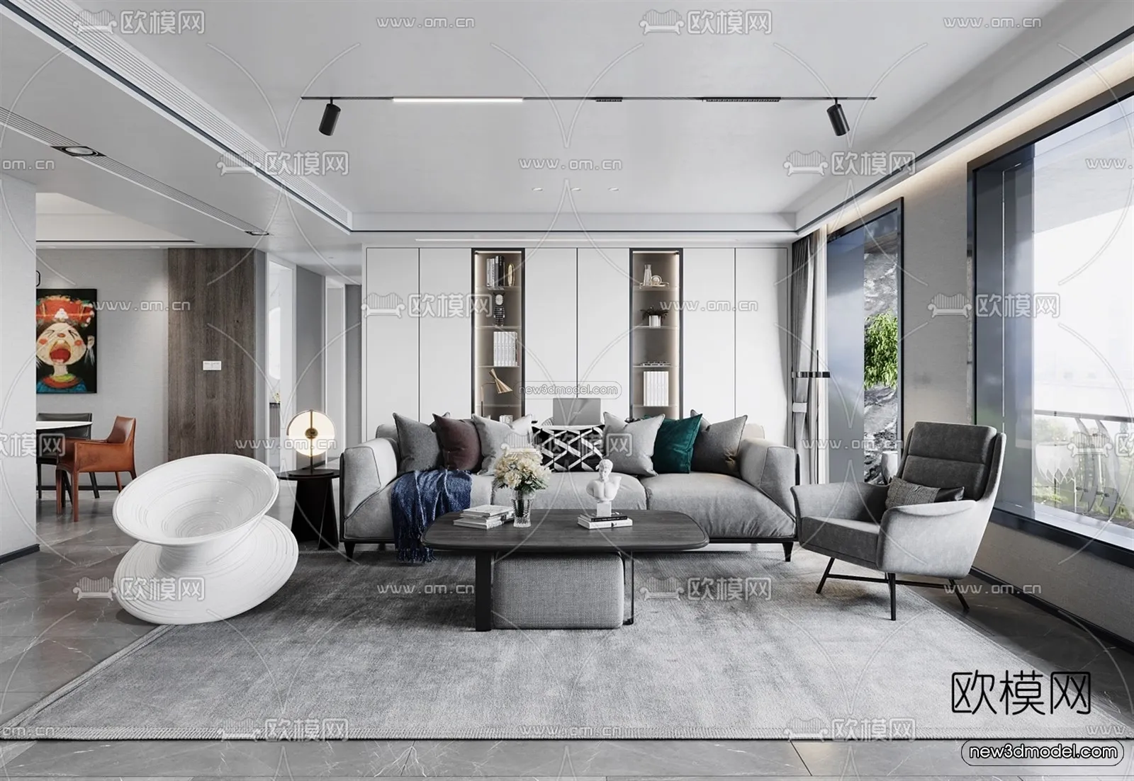 Black – White – Gray Colors Interior 3D Blocks – Living Room 3D Scene – 122 – VRAY