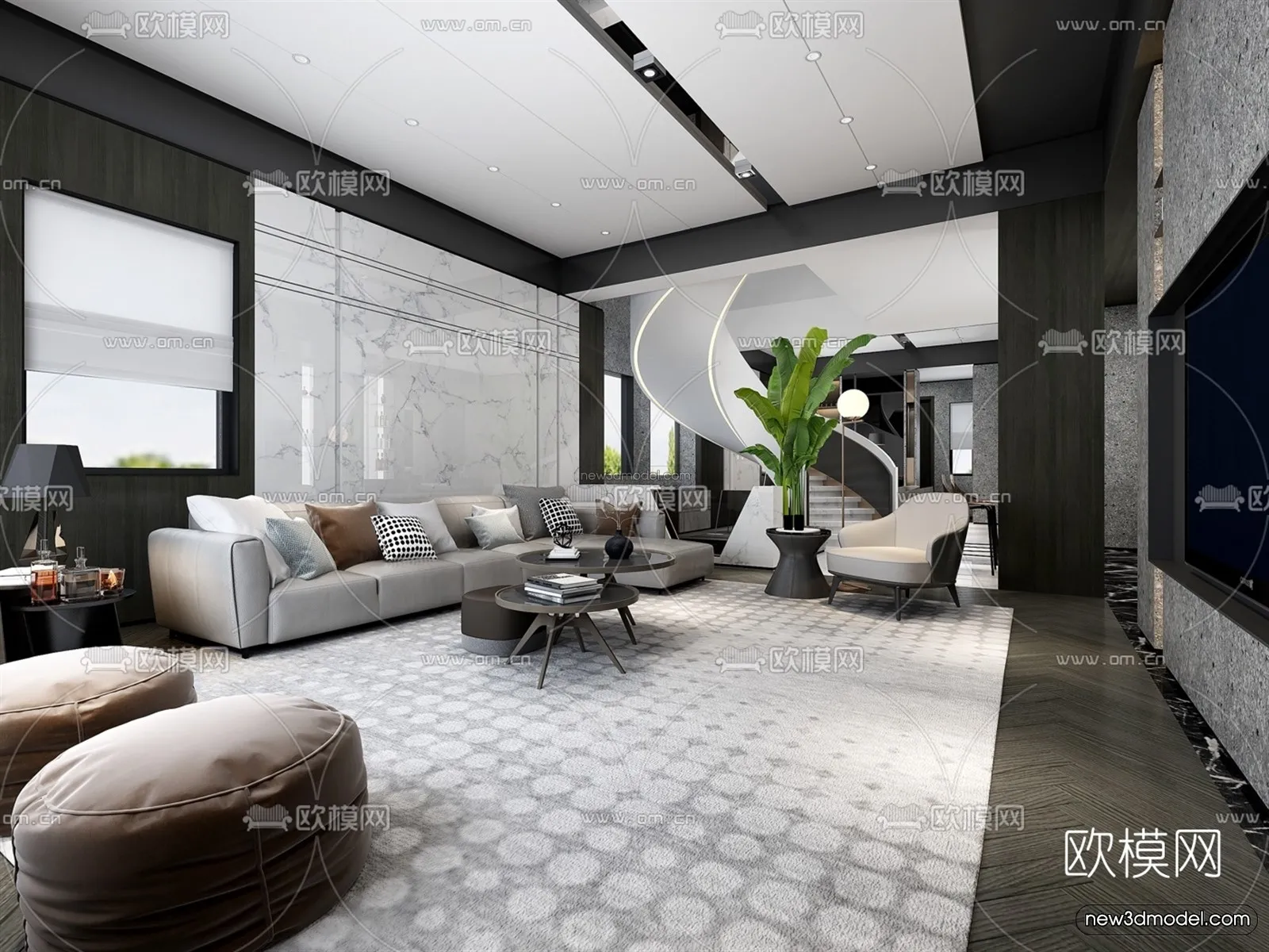 Black – White – Gray Colors Interior 3D Blocks – Living Room 3D Scene – 123 – VRAY