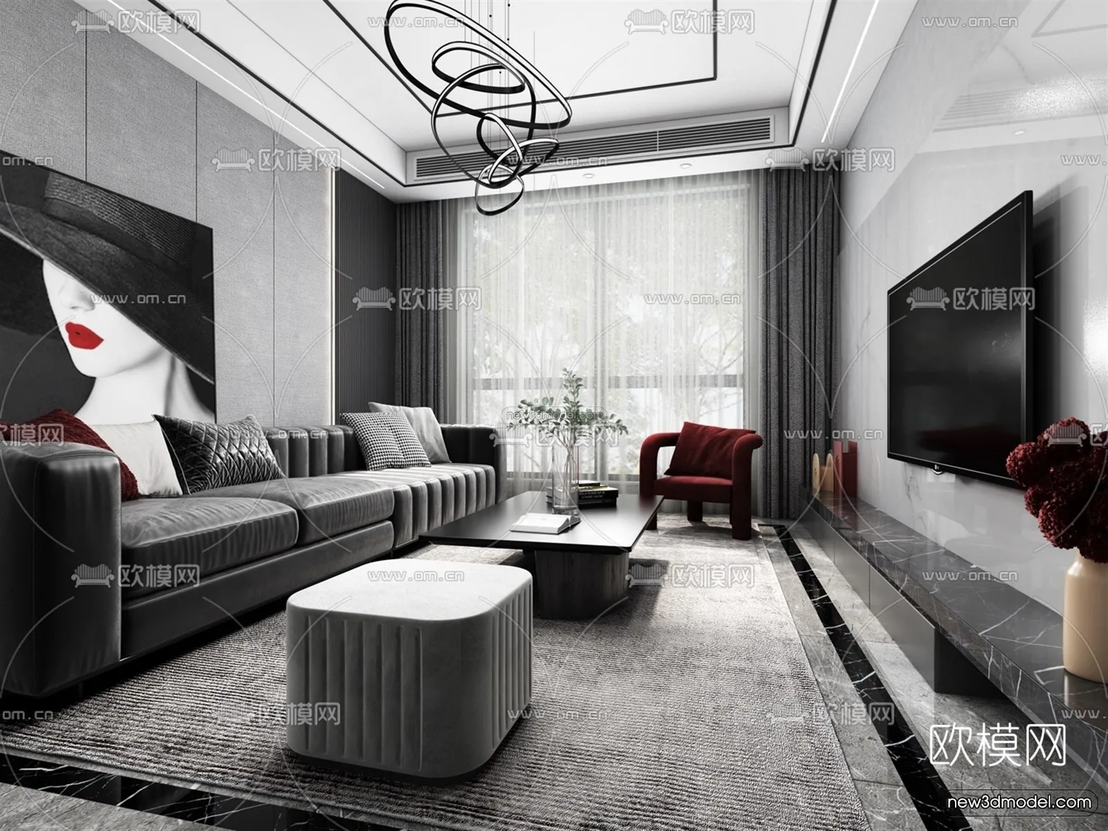 Black – White – Gray Colors Interior 3D Blocks – Living Room 3D Scene – 127 – VRAY