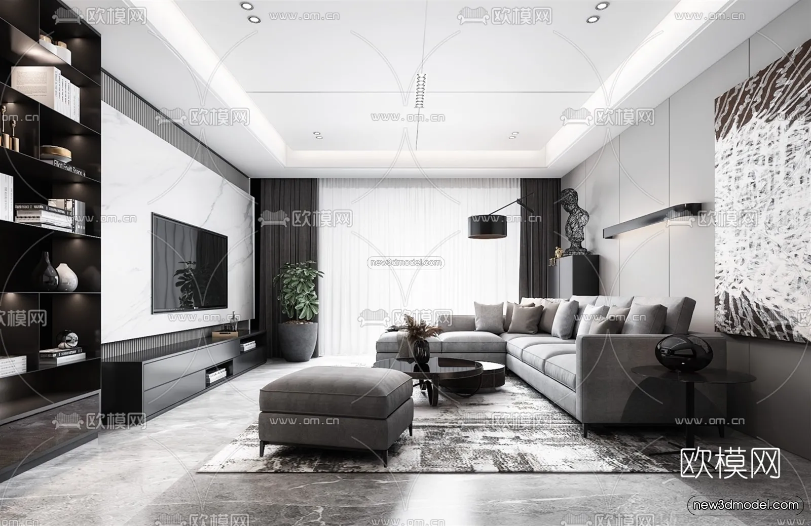 Black – White – Gray Colors Interior 3D Blocks – Living Room 3D Scene – 132 – VRAY