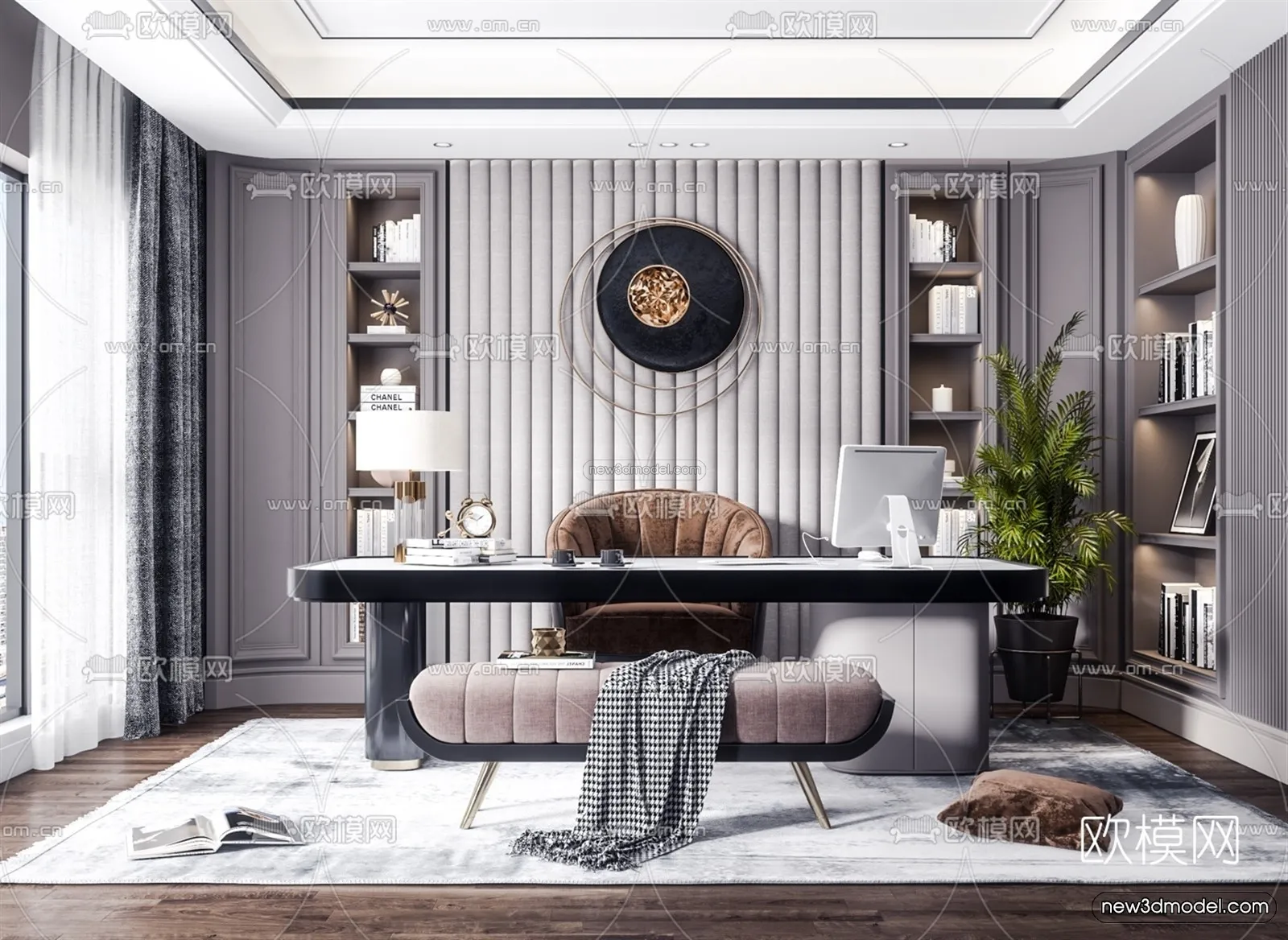 Black – White – Gray Colors Interior 3D Blocks – Study Room 3D Scene – 225 – VRAY