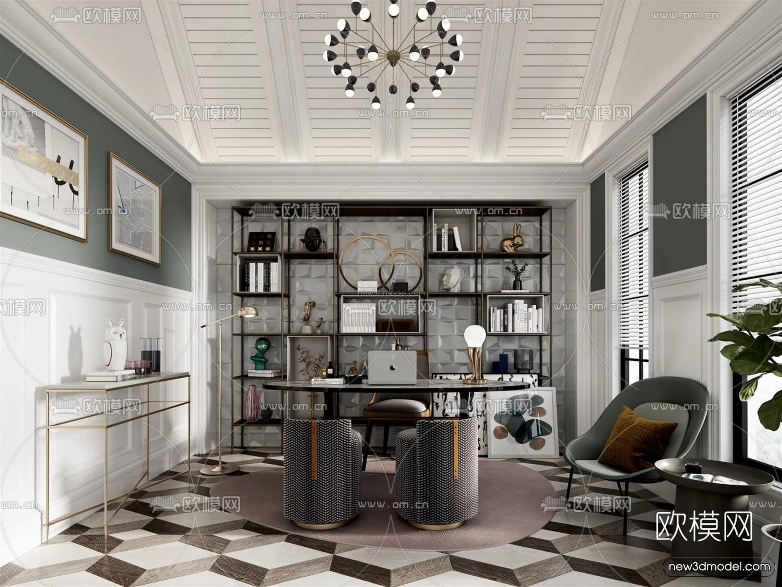 Black – White – Gray Colors Interior 3D Blocks – Study Room 3D Scene – 226 – VRAY