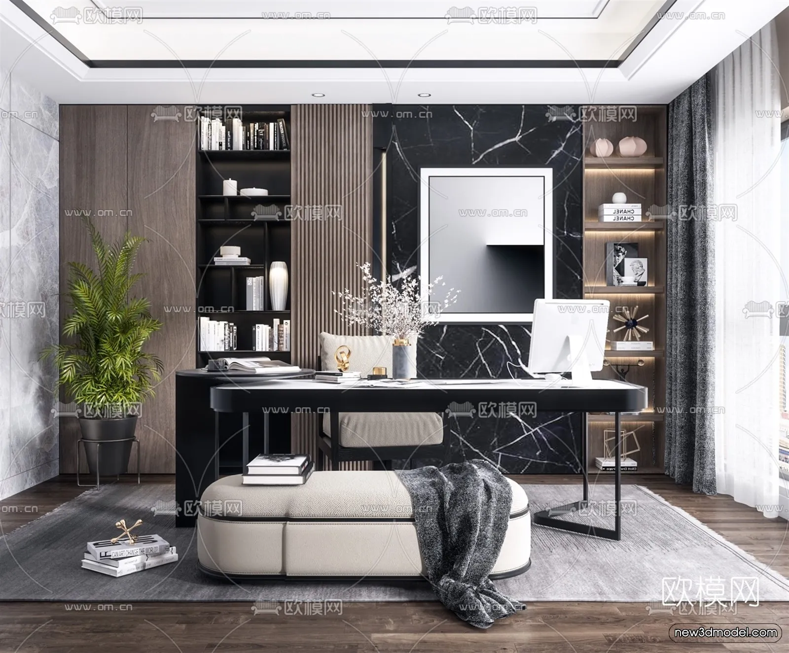 Black – White – Gray Colors Interior 3D Blocks – Study Room 3D Scene – 227 – VRAY