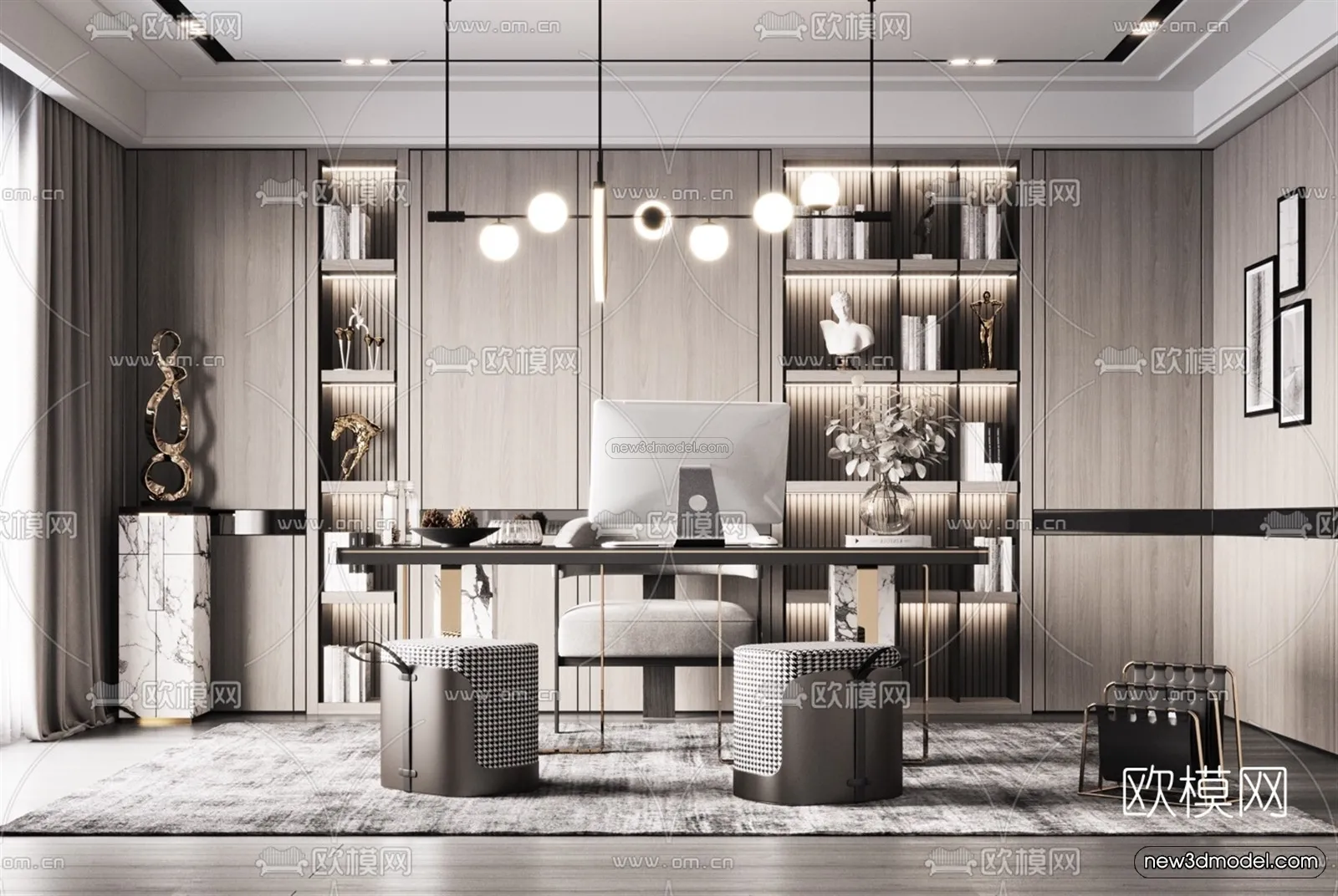 Black – White – Gray Colors Interior 3D Blocks – Study Room 3D Scene – 229 – VRAY