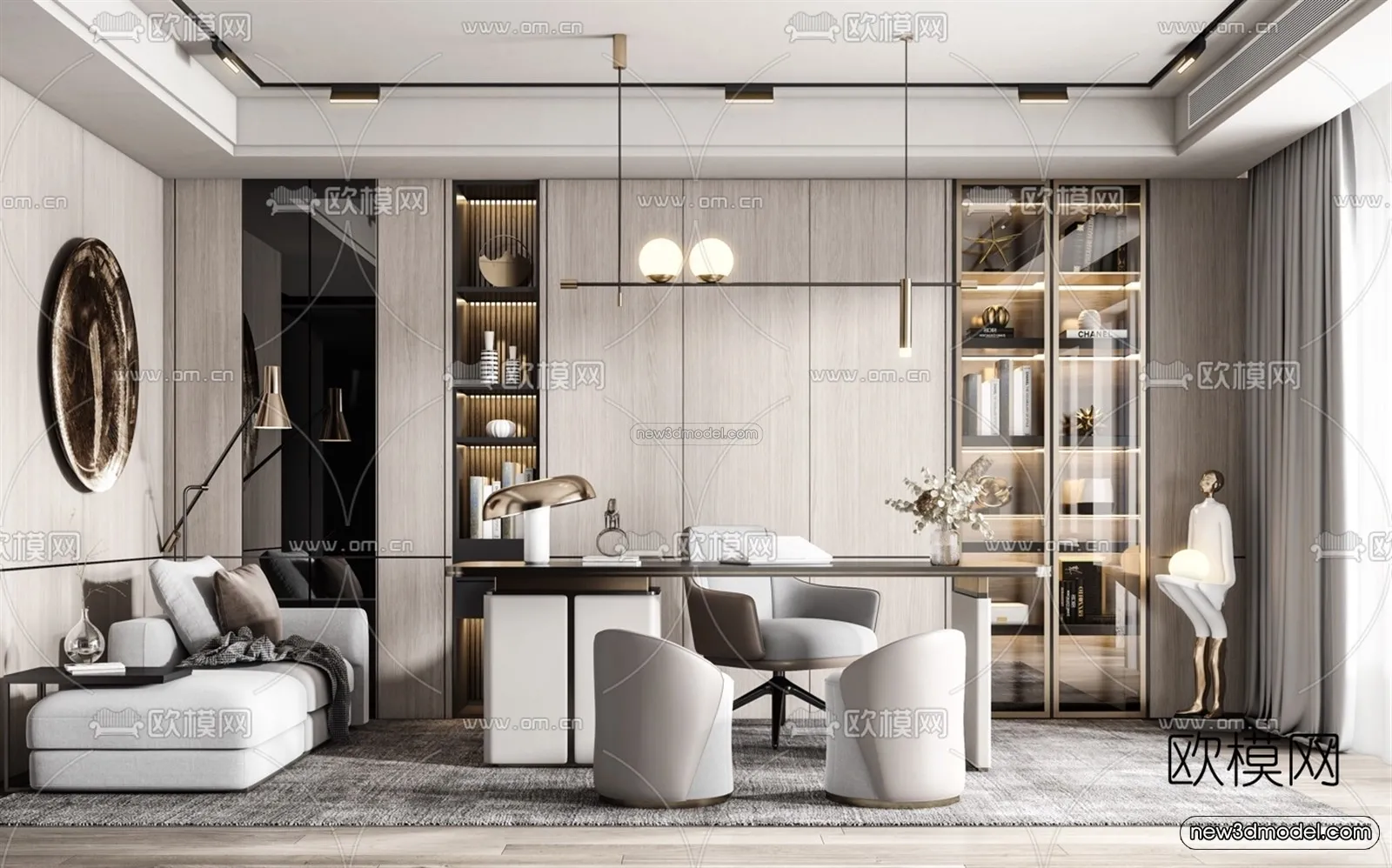 Black – White – Gray Colors Interior 3D Blocks – Study Room 3D Scene – 234 – VRAY