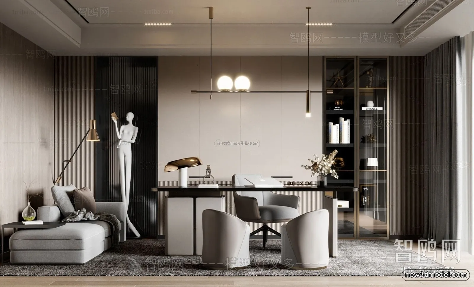 Black – White – Gray Colors Interior 3D Blocks – Study Room 3D Scene – 235 – VRAY