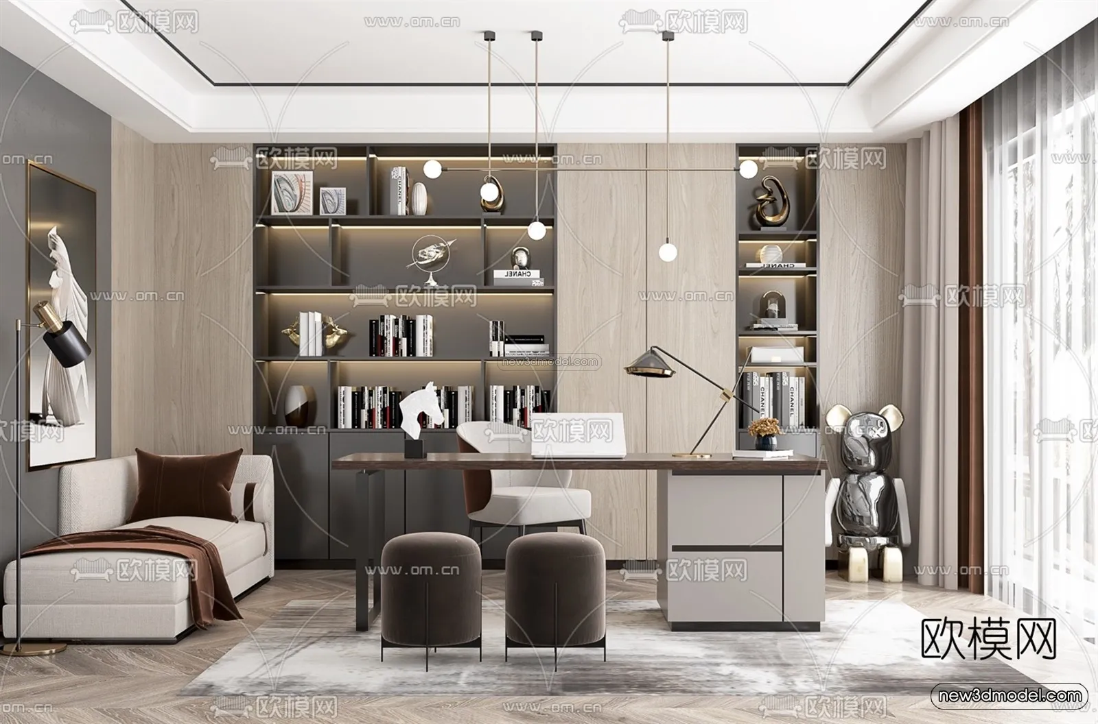 Black – White – Gray Colors Interior 3D Blocks – Study Room 3D Scene – 237 – VRAY