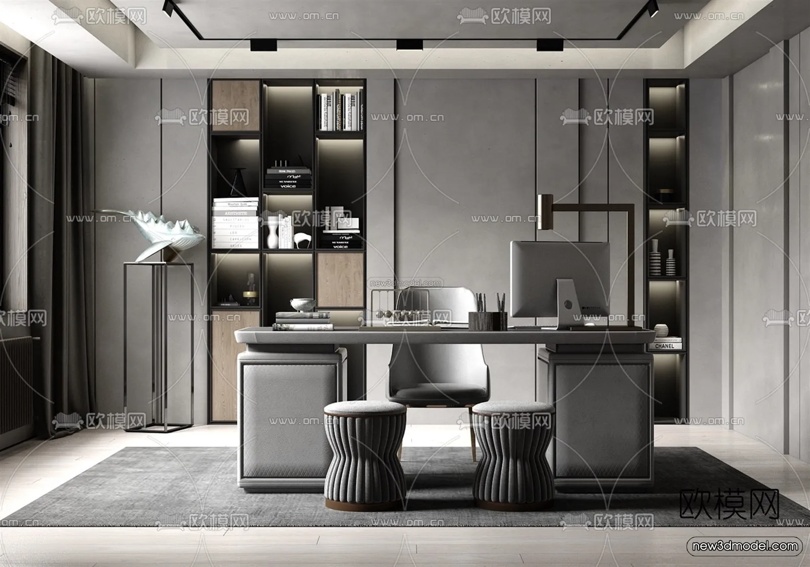 Black – White – Gray Colors Interior 3D Blocks – Study Room 3D Scene – 239 – VRAY