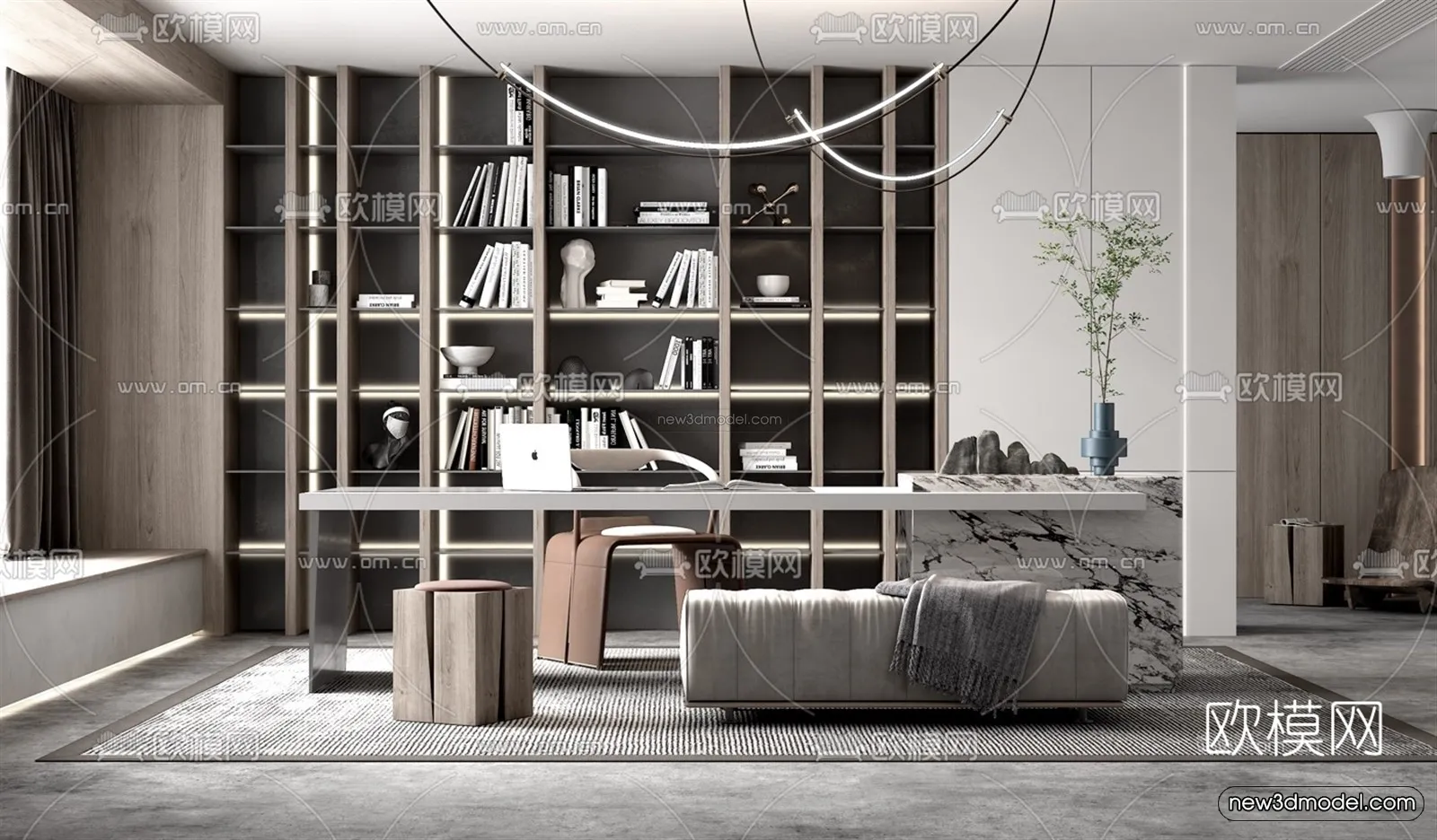 Black – White – Gray Colors Interior 3D Blocks – Study Room 3D Scene – 243 – VRAY