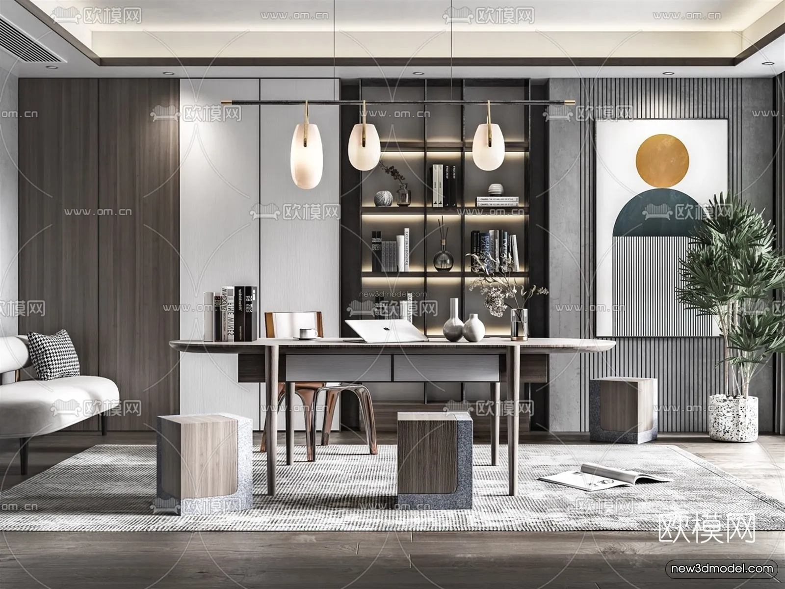 Black – White – Gray Colors Interior 3D Blocks – Study Room 3D Scene – 244 – VRAY