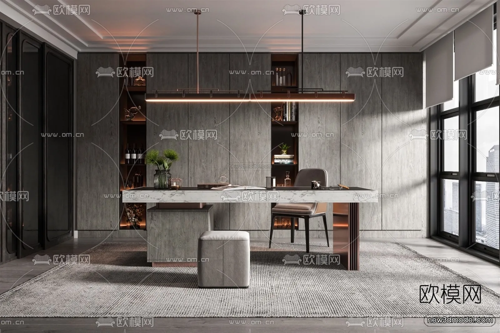 Black – White – Gray Colors Interior 3D Blocks – Study Room 3D Scene – 247 – VRAY