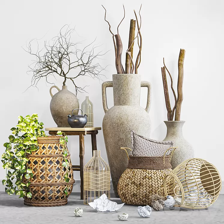 boho set with woven bamboo baskets 3D Model Free Download