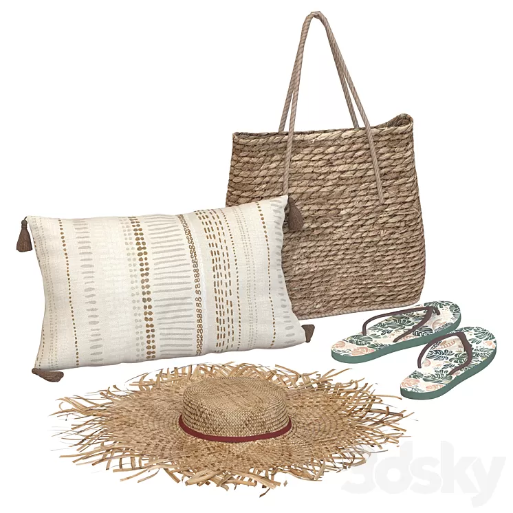 Boho style beach accessory set with hat and slippers 3D Model Free Download