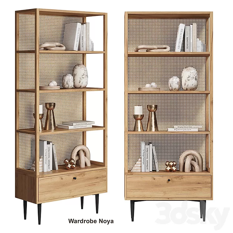 Bookcase in oak and wicker rattan Noya La Redoute 3D Model