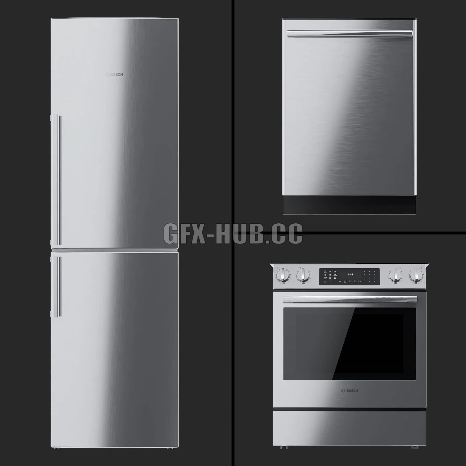 Bosch – HEI8056U cooker B11CB50SSS refrigerator and SHX3AR75UC dishwasher 3D Model Bosch – HEI8056U cooker B11CB50SSS refrigerator and SHX3AR75UC dishwasher 3D Model