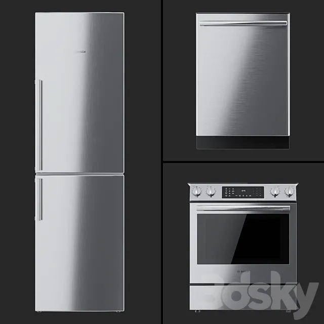 Bosch – HEI8056U cooker B11CB50SSS refrigerator and SHX3AR75UC dishwasher. 3D Model Bosch – HEI8056U cooker B11CB50SSS refrigerator and SHX3AR75UC dishwasher. 3D Model