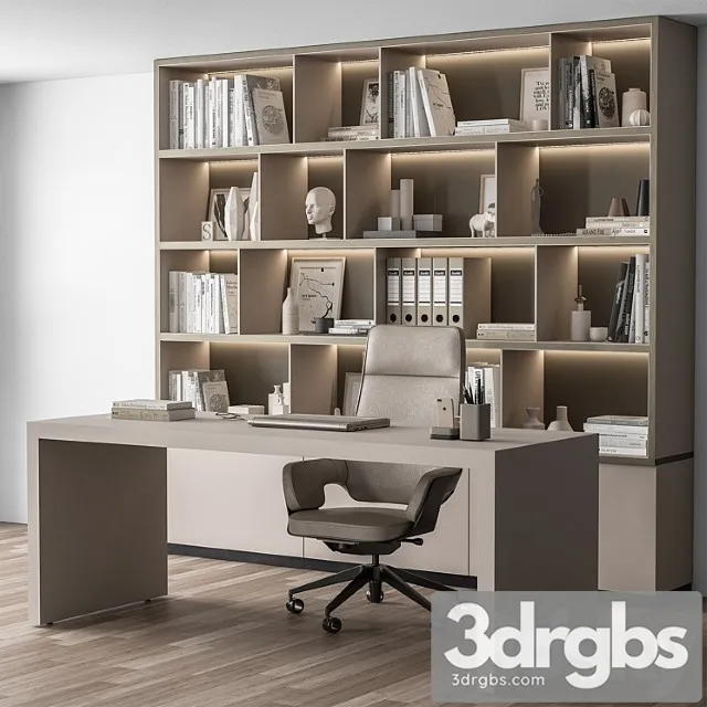 Boss Desk And Library Beige Office Furniture 319 3D Model Download