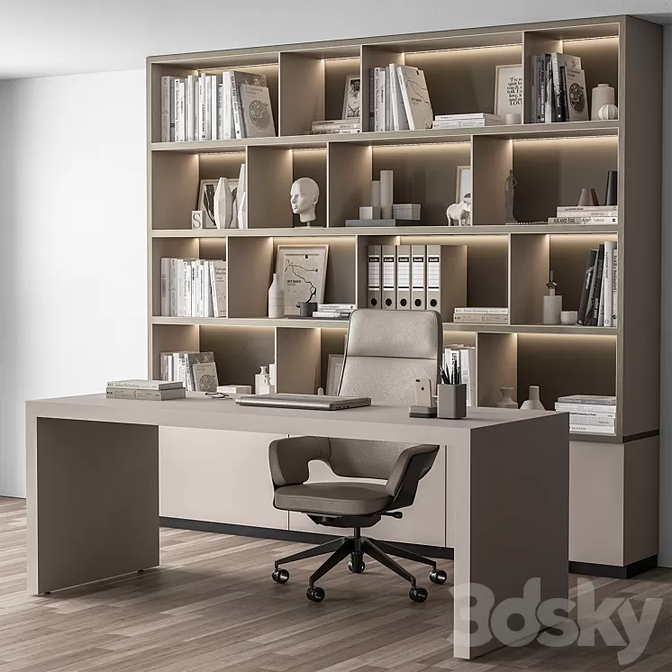 Boss Desk and Library Beige – Office Furniture 319 3D Model Free Download