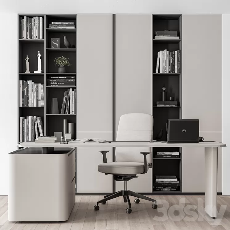 Boss Desk with Library Black and White Table – Office Furniture 285 3D Model Free Download
