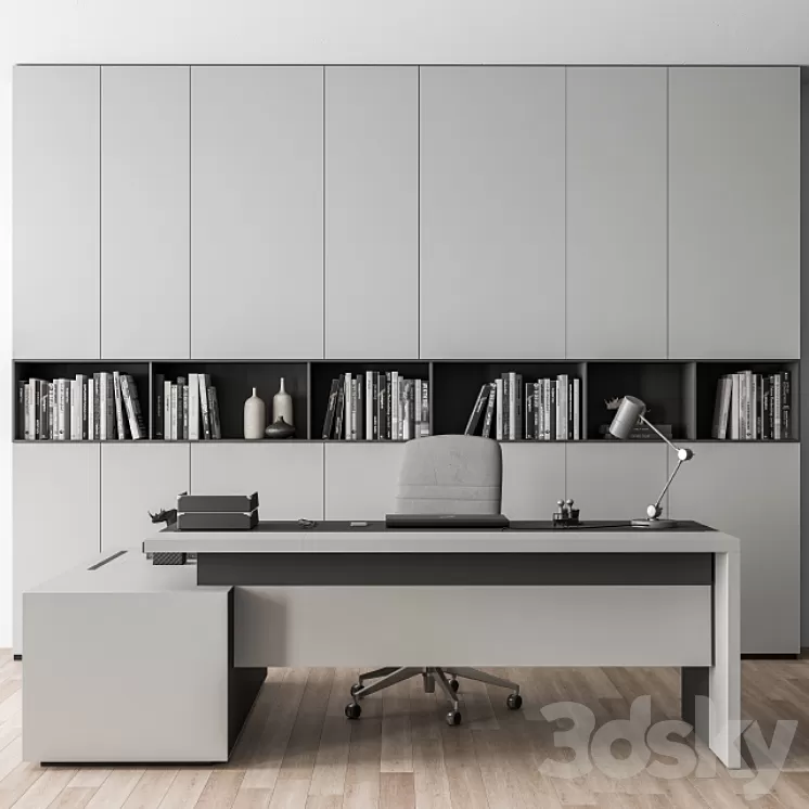 Boss Desk with Library Gray Set – Office Furniture 249 3D Model Free Download