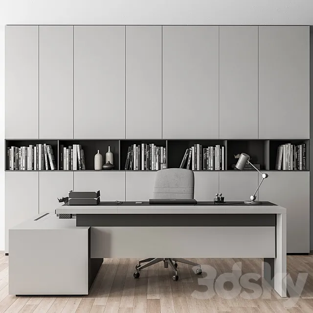 Boss Desk with Library Gray Set – Office Furniture 249 3DModel