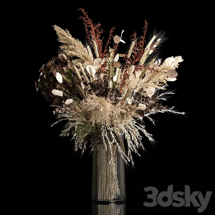 Bouquet in a glass vase made of dried flower hydrangea pampas grass reed cortaderia lunnik. 259. 3D Model Bouquet in a glass vase made of dried flower hydrangea pampas grass reed cortaderia lunnik. 259. 3D Model