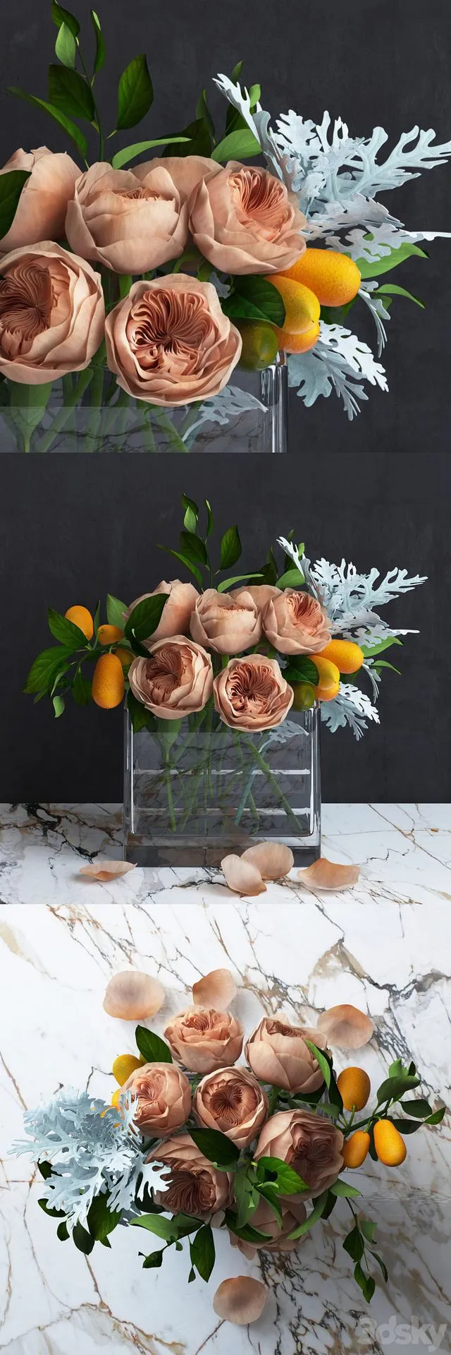 Bouquet of Austin’s Roses Kumquat and Dusty Miller plant 3D Model Bouquet of Austin’s Roses Kumquat and Dusty Miller plant 3D Model