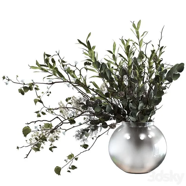 Bouquet of branches with foliage sprigs of eucalyptus olive and flowers 3D Model