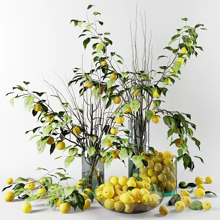 Bouquet of Chinese apple tree branches with yellow apples 3D Model