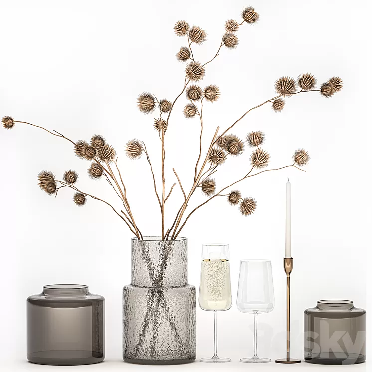 Bouquet of dried flowers from thorn branches burdock with a vase and a glass of sparkling wine. 253 3D Model