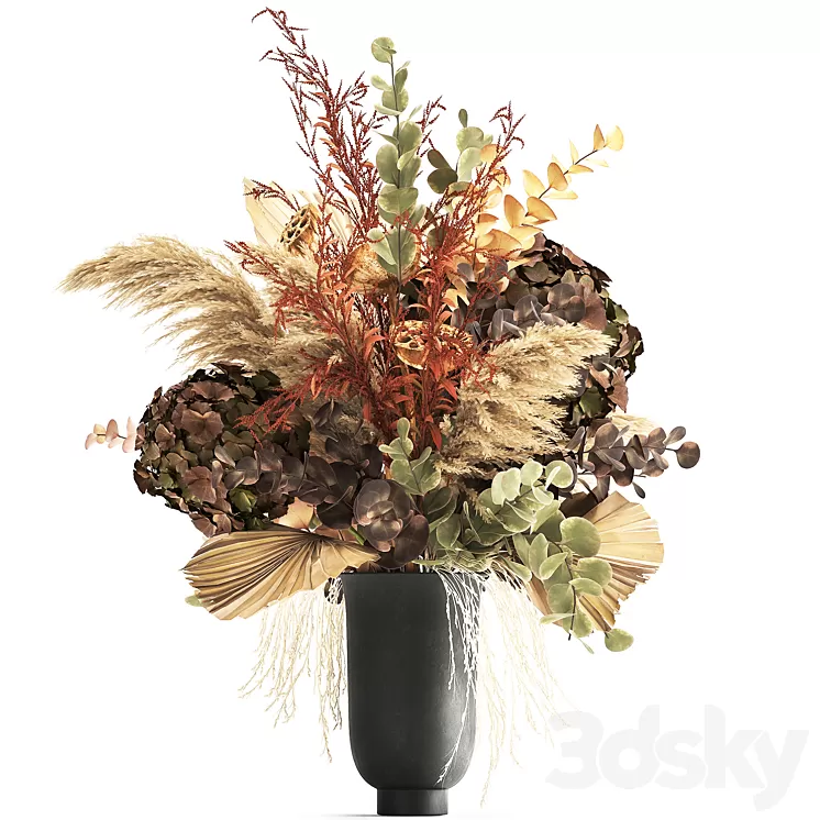 Bouquet of dried flowers in a black vase with dry branches of palm leaves pampas and Hydrangea. 160. 3D Model Free Download