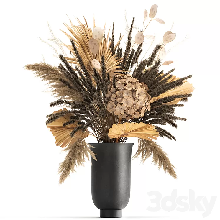 Bouquet of dried flowers in a black vase with dry branches of palm leaves pampas and Hydrangea. 168. 3D Model Free Download