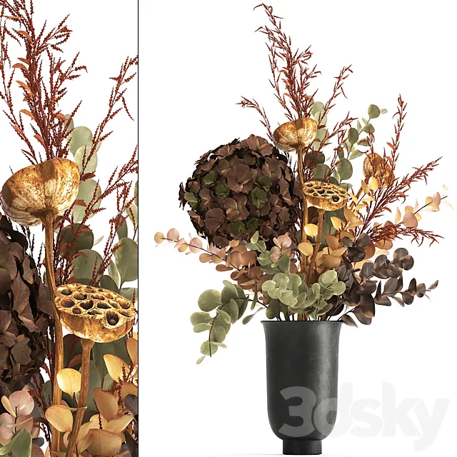 Bouquet of dried flowers in a black vase with dry red branches of Solidago Hydrangea Dry lotus and Barberry . 158. 3D Model Bouquet of dried flowers in a black vase with dry red branches of Solidago Hydrangea Dry lotus and Barberry . 158. 3D Model