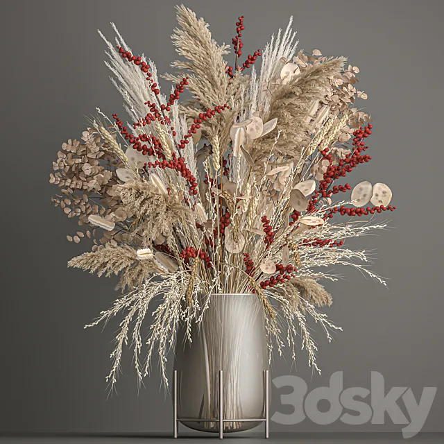 Bouquet of Dried flowers in a glass vase from a branch of pampas grass lunnik. 204 3D Model Bouquet of Dried flowers in a glass vase from a branch of pampas grass lunnik. 204 3D Model