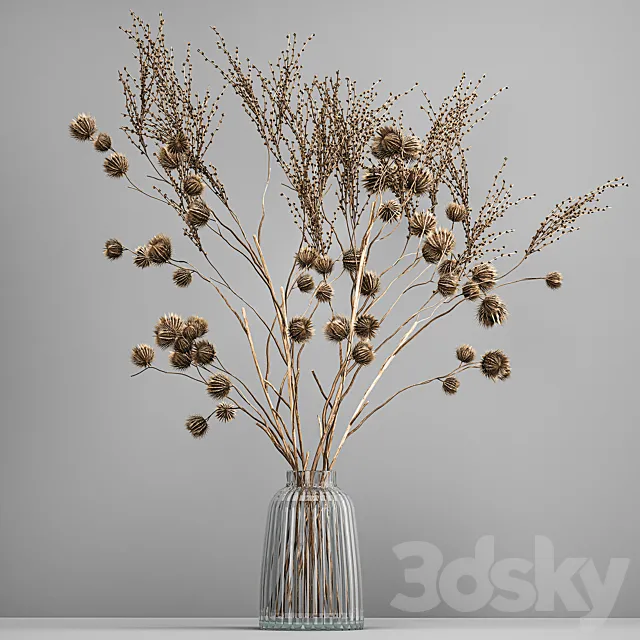 Bouquet of dried flowers in a glass vase with thorn branches and dry thistle. 183. 3D Model Bouquet of dried flowers in a glass vase with thorn branches and dry thistle. 183. 3D Model