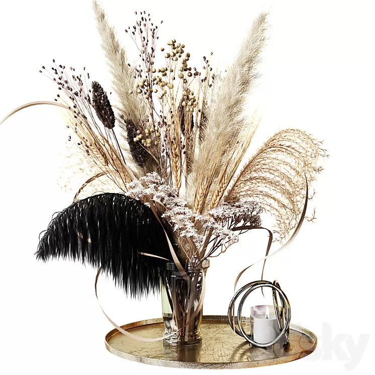 Bouquet of dried flowers with a black feather 3D Model
