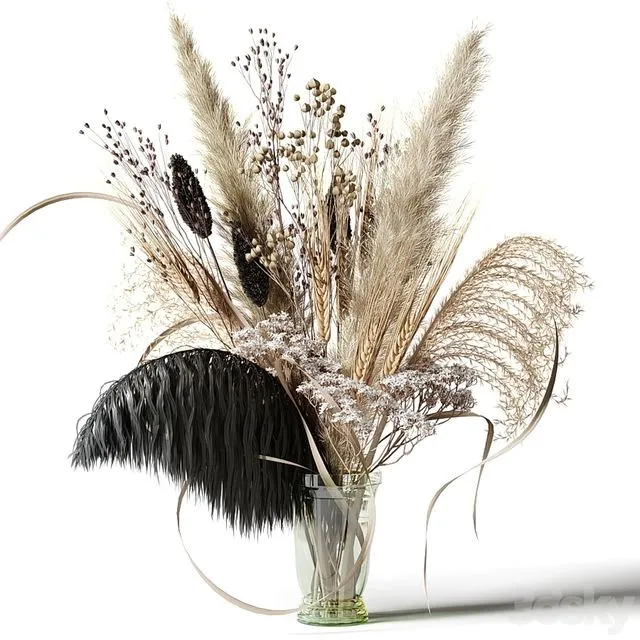 Bouquet of dried flowers with a black feather in a glass vase 3D Model Bouquet of dried flowers with a black feather in a glass vase 3D Model